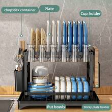 2 Tier Kitchen Sink Dish Drainer Rack With Drip Tray Cutlery Holder Plate Rack,Kitchen Accessaries,Dish Drying Rack,Plate Rack,Multi-Function Dish Rack, Kitchen Rack, Drain Sink, Bowls, Chopsticks, Cups & Plates & Knives Storage Rack Holder, Carbon Steel, Large Capacity - Multicolor - View 7