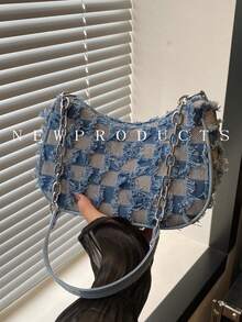 1 件蓝色牛仔拉链格纹印花拼布肩带时尚百搭单肩包，适合女性日常使用