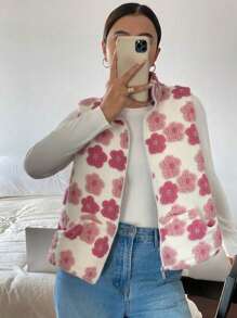 女士休闲保暖外套，花卉图案羊羔绒拉链高领背心，冬季 - 白色 - 查看 5