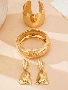 4pcs Vintage Sexy Women'S Jewelry Set, Texture Wide Cuff Bracelet, Open Bangle, And Geometric Stud Earrings, All-Season Gift For Valentine'S Day, Parties, And Daily Wear - Vàng - Xem 5