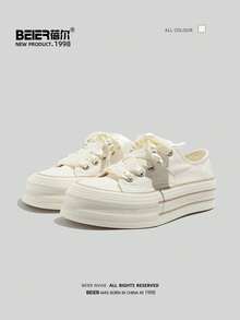 秋冬 BEIER 女式休闲撞色圆头厚底运动鞋，适合所有季节 - 米色 - 查看 5