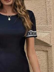 Women's Casual Knit Mini Skirt, Round Neck Short Sleeve, Fitted Style, Unique Hem Pattern - Navy Blue - View 5