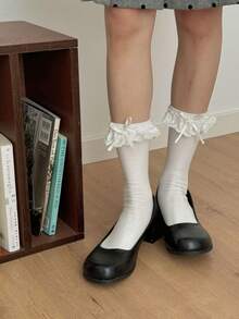 1 Đôi tất cao đến đùi viền ren cho nữ, tất dài phong cách Lolita, tất ngắn dễ thương để mặc hàng ngày, mùa thu - Nhiều màu - Xem 18