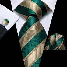 Olive Golden Striped 3pc/Set Mens Tie Hanky Cufflinks Necktie Set Formal Party Prom Dinner Ideal Gift Wedding Office - 橄欖綠 - 查看 7