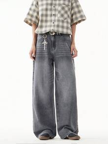 1pc Justice Brother Casual High Street Washed Snowflake Loose Wide-Leg Jeans Pants For Men (Belt And Accessories Not Included) - Grey - View 5