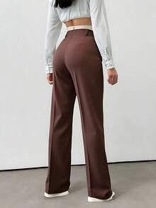 LIU ME Women's Tailored Trousers With Fake Pocket – High Waist And Wide Leg Pants - Rỉ Nâu - Xem 2
