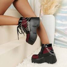 Women's Gothic Punk Style Platform Ankle Boots, Metal Chain Lace-Up Side Zipper Design, Fashionable And Bold, Suitable For Festivals, Parties, Daily Outdoor Casual Wear, All Season