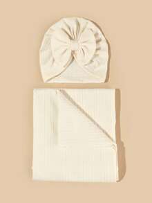 2件套新生儿婴儿襁褓毯和帽子套装，婴儿包巾毯和针织帽套装，适合0-6个月的女婴 - 彩色 - 查看 2