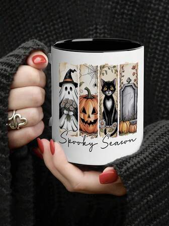 1 pezzo Tazza da 325ml in ceramica con motivo Ognissanti "Happy Ognissanti", tazza da caffè autunnale con fantasma carino, foglie d'acero e zucca spaventosa, regalo per uomo e donna per Ognissanti, compleanno, Natale, Ringraziamento, San Valentino, Feste, Matrimonio