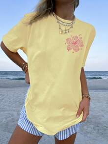 Oversized Y2k Graphic T Shirt For Women Teens Girl Floral Shells Starfish Butterfly Print Short Sleeve Baggy Tee Shirts Loose Fit Vintage Aesthetic Coastal Tops Summer Beach Vacation Preppy Going Out Tops Streetwear - 黃色 - 查看 4