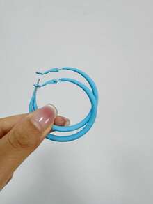 1 Pair Colorful Enameled Geometric Hoop Earrings, Oversized Candy Color Round Drop Earrings Accessories For Women - Light Blue - View 9