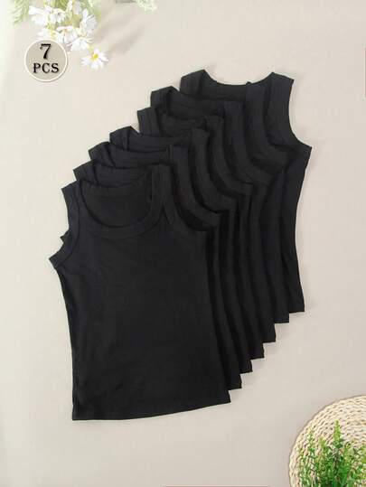 7pcs Women's Threaded Bottom Suspender Versatile Long Slim Fit Vest Innerwear Vest Fashionable Inner Layer Breathable Solid Color Can Be Worn Externally Suspender Sports Vest