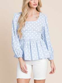Womens Casual Peplum Blouse Romantic Vintage Inspired Polka Dot Pattern Square Neck Top Baby Blue Lantern Long Sleeve Empire Waist Gathered Ruffle Design Spring Summer Babydoll Shirt Sweet Elegant Daily Wear - 淺藍色 - 查看 1