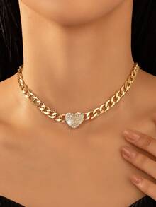 1pc Rhinestone Heart Chain Necklace, Suitable For Everyday Wear And Parties, Without Gift Box - Yellow Gold - View 1