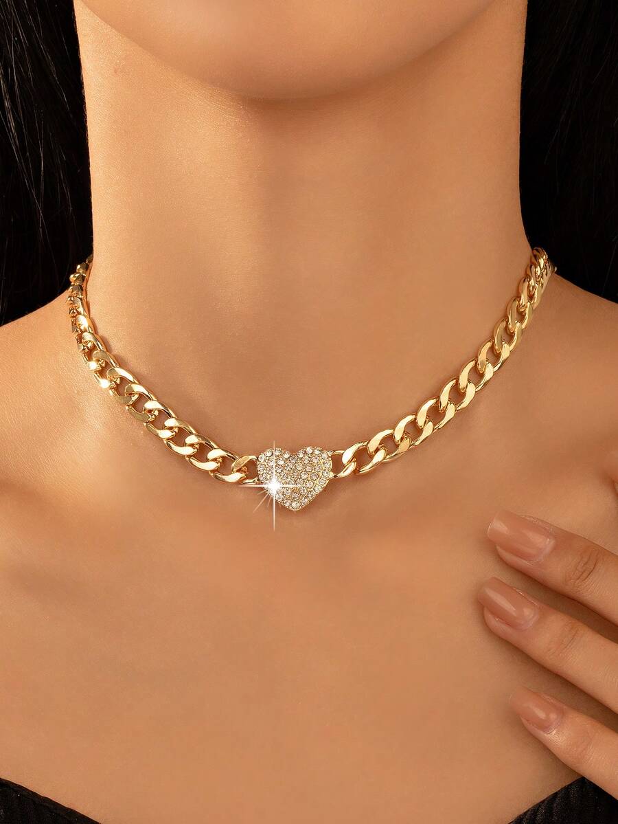1pc Rhinestone Heart Chain Necklace, Suitable For Everyday Wear And Parties, Without Gift Box - Yellow Gold - View 1