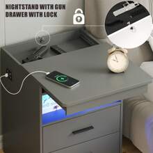 FREDEES Smart LED Nightstand With Hidden Drawer, Nightstand With Charging Station And 3 Colors Human Sensor Lights, Modern Bedside Table With Storage, Gray