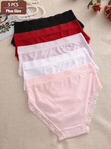 5pcs/Set Solid Color High Waist Lace Patchwork Briefs Panties Set For Women