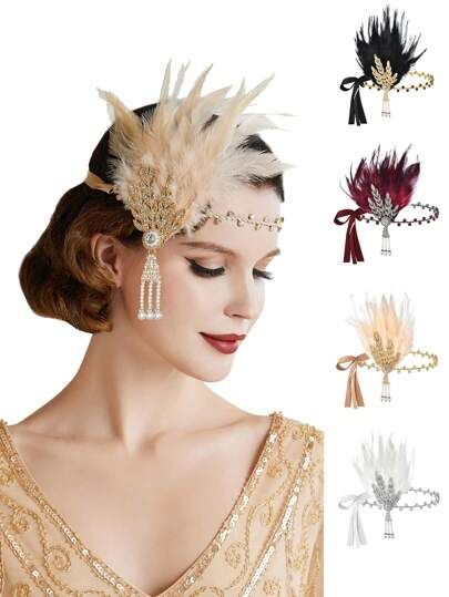 D EXCEED 1/4/6 Pcs Women's 1920s Flapper Gatsby Accessories Set Halloween Party Great Gatsby Women's Retro Fashion Artificial Feather Headband Hair Accessories Bridal Headwear Performance Stage Prop Accessories