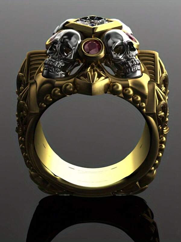 Men's Punk Skull Ring, Copper Alloy Men's Punk Style Skull Ring With Synthetic Red Cubic Zirconia, Commemorative Hip Hop Rock Fashion