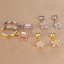3pcs Square Pink Zirconia Flower Earrings Set For Women 18K Gold Plated Stainless Steel And Copper Helix Screw Cartilage Piercing Party Jewelry Accessories Valentines,Mom,Mother,Mother's Day,Gift