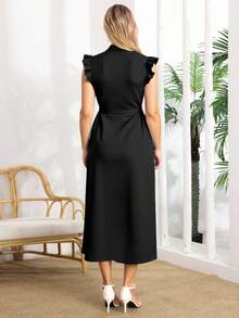 Vestido Camisero Unicolor Para Mujer Con Botón Delantero Con Cinturón,Vestido Largo Elegante De Manga Corta Con Volante De Verano - Negro - Ver 2