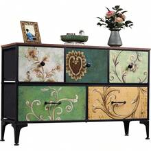 Dresser For Bedroom With 5 Drawers, Wide Chest Of Drawers, Fabric Dresser, Storage Organizer Unit With Fabric Bins For Closet, Living Room, Hallway - Floral Painted - View 1