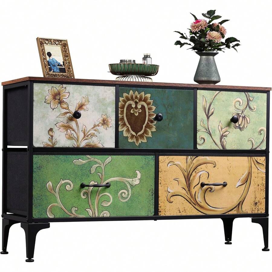 Dresser For Bedroom With 5 Drawers, Wide Chest Of Drawers, Fabric Dresser, Storage Organizer Unit With Fabric Bins For Closet, Living Room, Hallway - Floral Painted - View 1