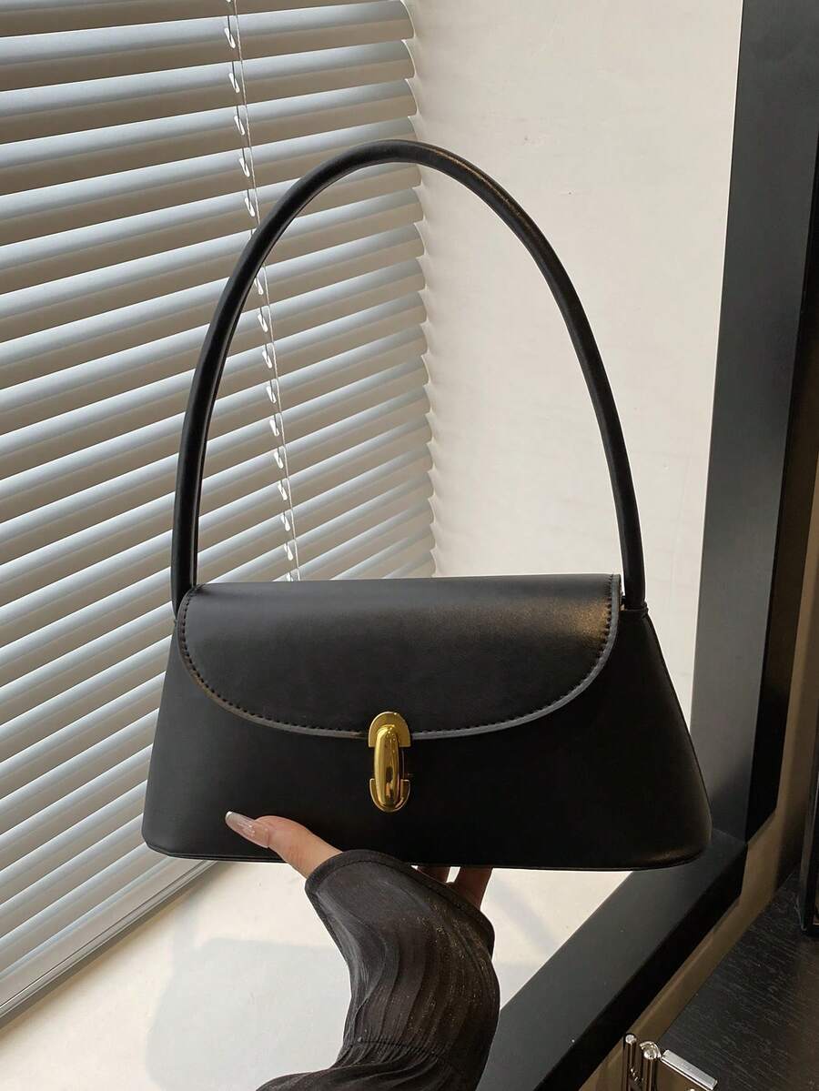 Bolso baguette de concha retro con decoración de cerradura de metal de cuero PU suave, bolso de hombro para mujer, nuevo bolso de mano para dama, bolso cuadrado pequeño - Negro - Ver 1