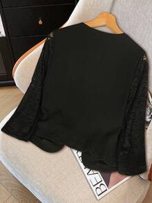 Veste courte élégante à manches 3/4 en dentelle et patchwork, ouverte devant. Convient pour le travail et diverses occasions. Vêtements d'automne pour femmes - Noir - Voir 2