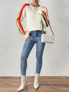 Áo len nữ dài tay cổ tròn kẻ sọc cầu vồng nhiều màu sắc, kiểu dáng thường ngày, màu trắng thu đông. - trắng - Xem 9