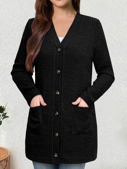 Yukiwi Women's Solid Color Casual Front Button Pocket Long Sleeve Cardigan, Everyday Wear