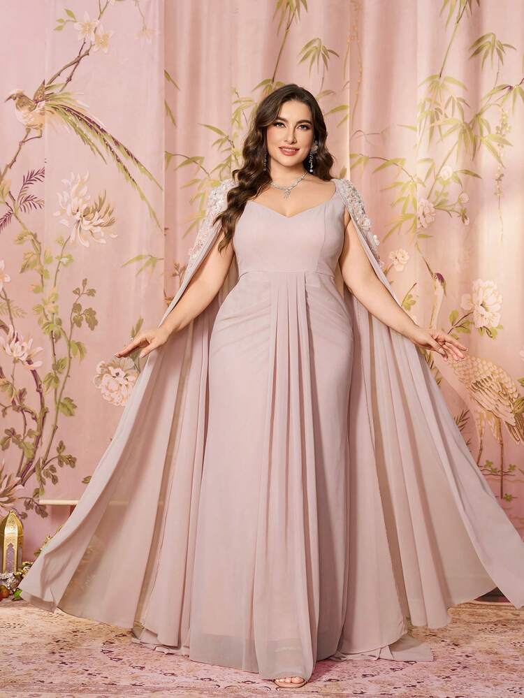 UNITHORSE فستان رسمي للمرأة بياقة قلبية وكاب بونشو، كم مرصّع بترتر، خصر ملتوي وجامع مطرز، من الشيفون بلون أحادي، فستان مثالي للعروسة الثانوية - وردي - مشاهدة 4