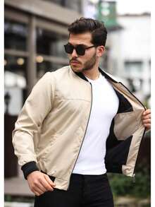 Men's Contrast Color Zipper Front Casual Baseball Jacket - Beige - View 3