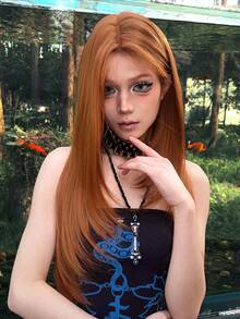 alicegarden Forehead Lace 4 * 1, Forehead Lace Straight Wig, Dirty Orange 28 Inch Daily Natural Semi Woven, Natural Daily Use Realistic Wig