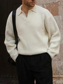 OFFICEAU Men's Ribbed Knit Sweater, Casual Loose Pullover Polo Neck Knitwear Top, Autumn/Winter, Old Money - Apricot - View 4