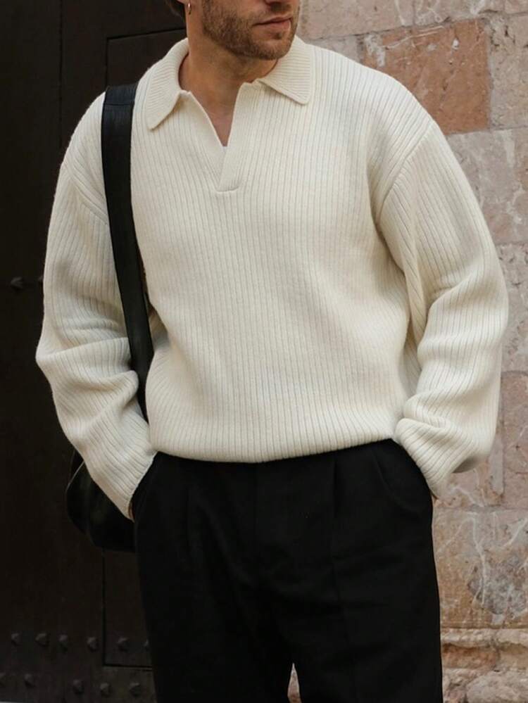 OFFICEAU Men's Ribbed Knit Sweater, Casual Loose Pullover Polo Neck Knitwear Top, Autumn/Winter, Old Money - Apricot - View 4