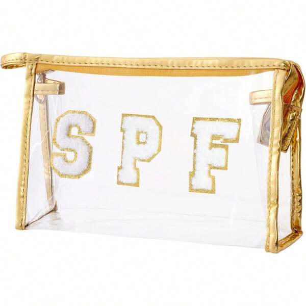 050Clear Preppy Patch Makeup Bag, SPF Chenille Letter Bag For Beach, Clear Pouch With Zipper, Preppy Travel Bags Cosmetic Toiletry Bag For Women Girls Teens (Blue)-1