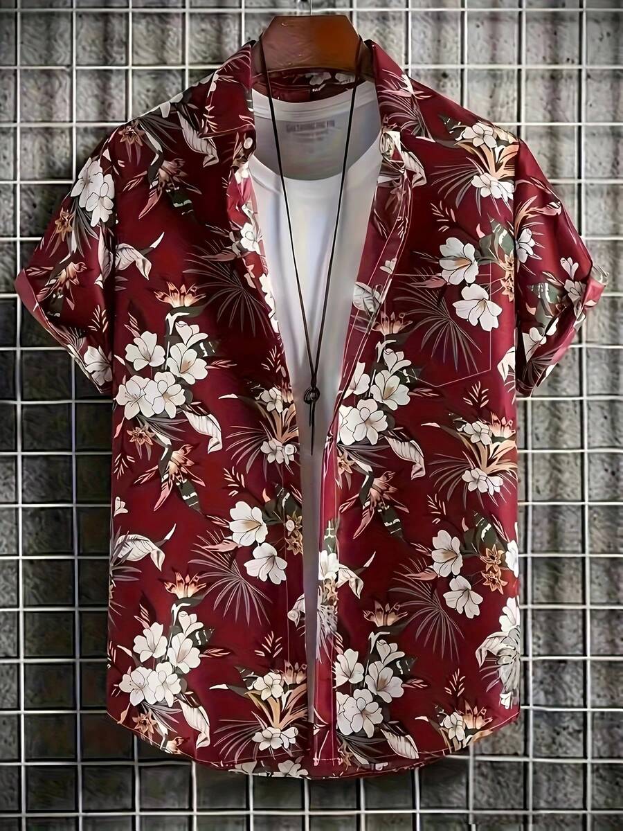 Summer New Fashion Loose Fit Casual Men's Digital Printed Short Sleeve Hawaiian Shirt - Burgundy - View 1