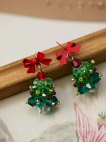 1 par de pendientes con forma de árbol de Navidad con lazo rojo dulce y lindo, apropiados para cualquier ocasión para mujeres