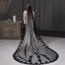 1 Peça Véu Longo Preto para Noiva, Tiara de Noiva com Acabamento em Renda Elegante para Casamento, Festa à Noite, Apresentação