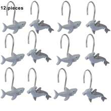 12 Pcs Grey Metal Resin Shark Ocean Animal Series Shower Curtain Hooks, Bathroom Accessories & Home Decor