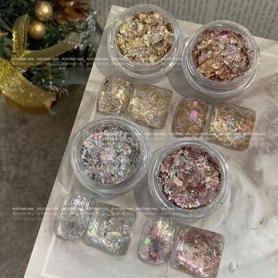 4片/套 全息美甲箔片闪粉，4种颜色，3D闪粉铝箔，金银色美甲闪粉，美甲产品，镜面闪粉，亚克力美甲设计闪粉（4盒）