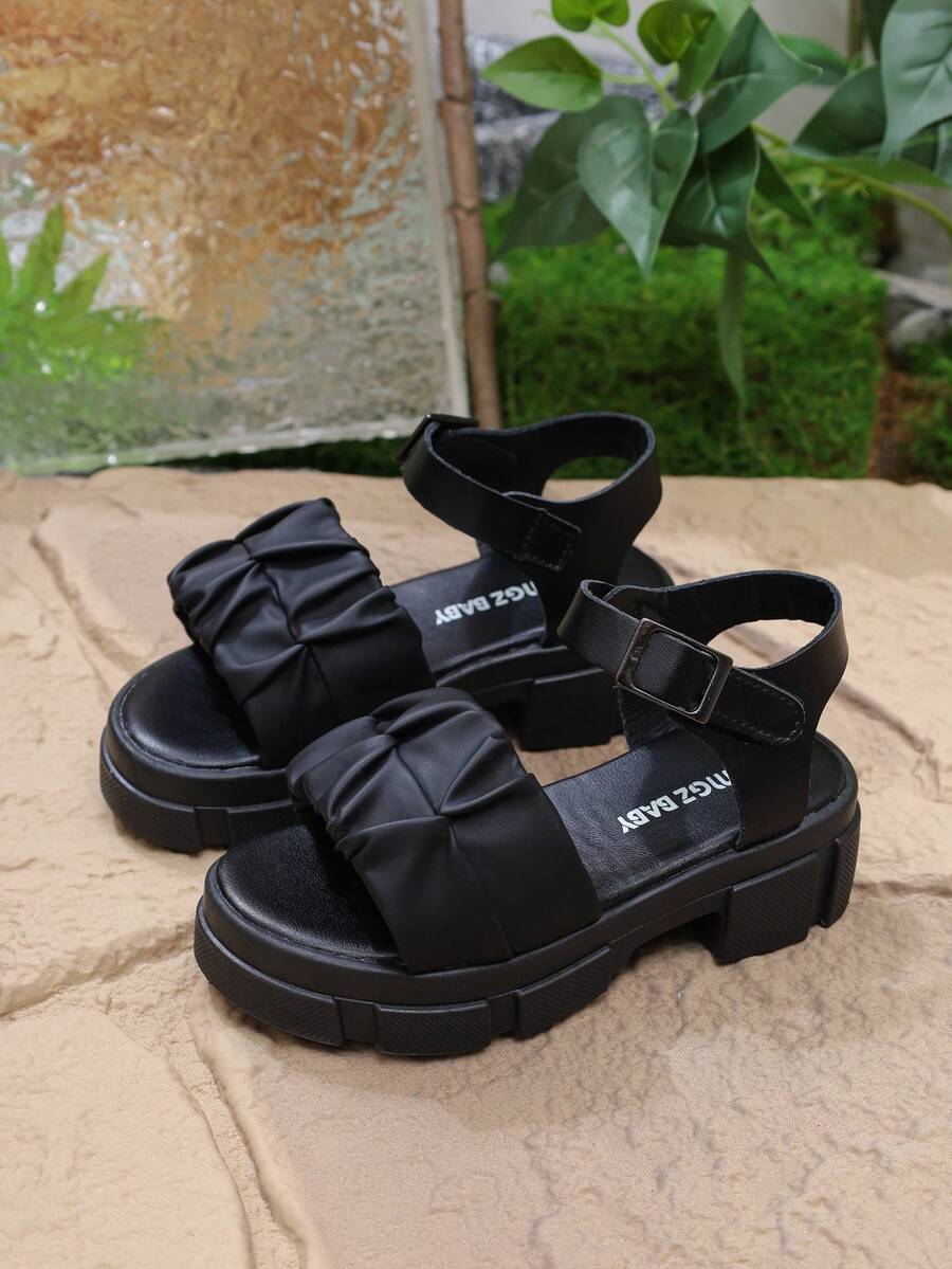 全新夏季女童高跟钩环凉鞋，时尚百搭学院风系带露趾公主凉鞋