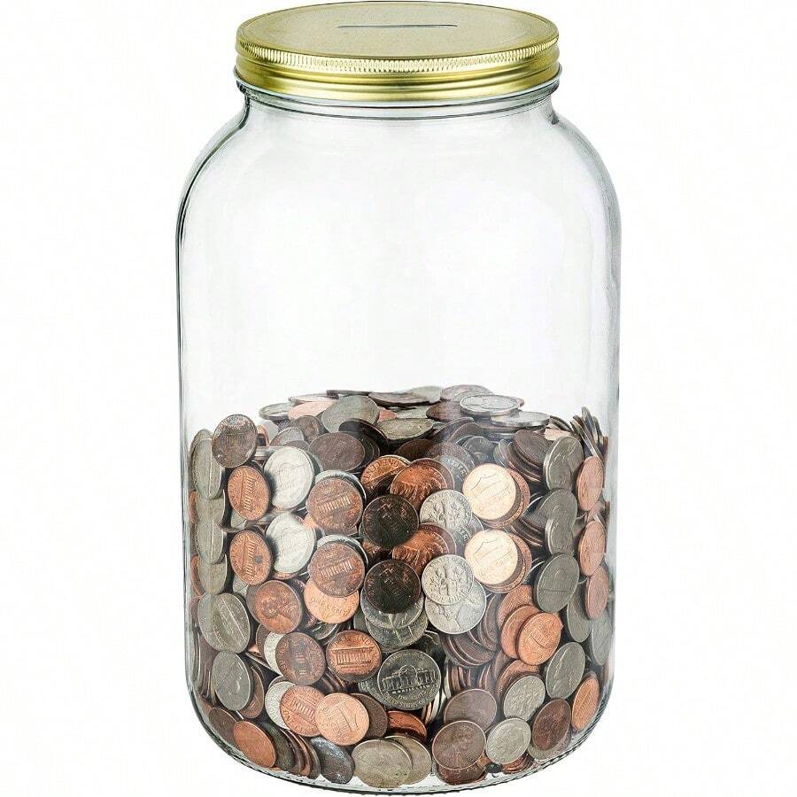 Mason Large Coin Bank With Slotted Gold Lid Holds Up To $3000 In Quarters 1 Gallon Glass Money Jar For Piggy Bank Tips Raffle Tickets And Donations Made In USA - Bình 1 gallon - Xem 1