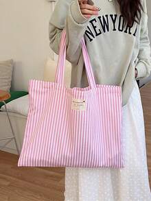 复古条纹帆布手提包，女士大容量条纹帆布手提包 - 时尚单肩包，适合旅行和购物，亮红色和白色条纹，大容量，百搭，可水洗 - 无扣，日常手提包，休闲日常手提包 - 彩色 - 查看 9