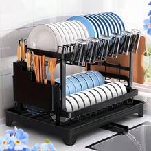 2 Tier Kitchen Sink Dish Drainer Rack With Drip Tray Cutlery Holder Plate Rack,Kitchen Accessaries,Dish Drying Rack,Plate Rack,Multi-Function Dish Rack, Kitchen Rack, Drain Sink, Bowls, Chopsticks, Cups & Plates & Knives Storage Rack Holder, Carbon Steel, Large Capacity - Multicolor - View 2