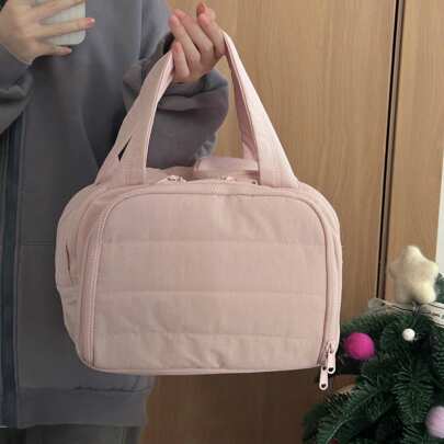 Bolsa de cosméticos tipo tote con relleno, bolso de maquillaje con cremallera de tela suave, organizador de tocador de unicolor minimalista de gran capacidad para el hogar, viajes y uso diario