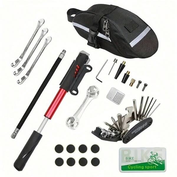 1 Set Kit de Reparación Mecánica Multiusos para Bicicleta, Juego de Herramientas para Bicicleta, Incluyendo 1 Bolsa para Asiento de Bicicleta, Mini Kit Inflador de Bicicleta, Juego de Herramientas de Reparación 16 en 1 para Bicicleta