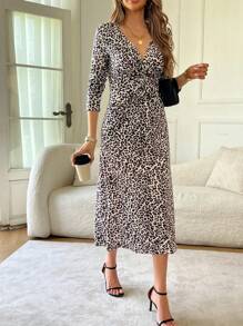 Leopard Print Elegant Casual Twist Slit Twist Dress, Women's Autumn Leopard Print Elegant Twist V-Neck Midi Dress, Casual Party Dress - Multicolor - View 2