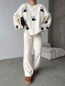 Women Casual Heart Pattern Round Neck Long Sleeve Pullover Top And Long Pants Set, Embroidery Design - White - View 8
